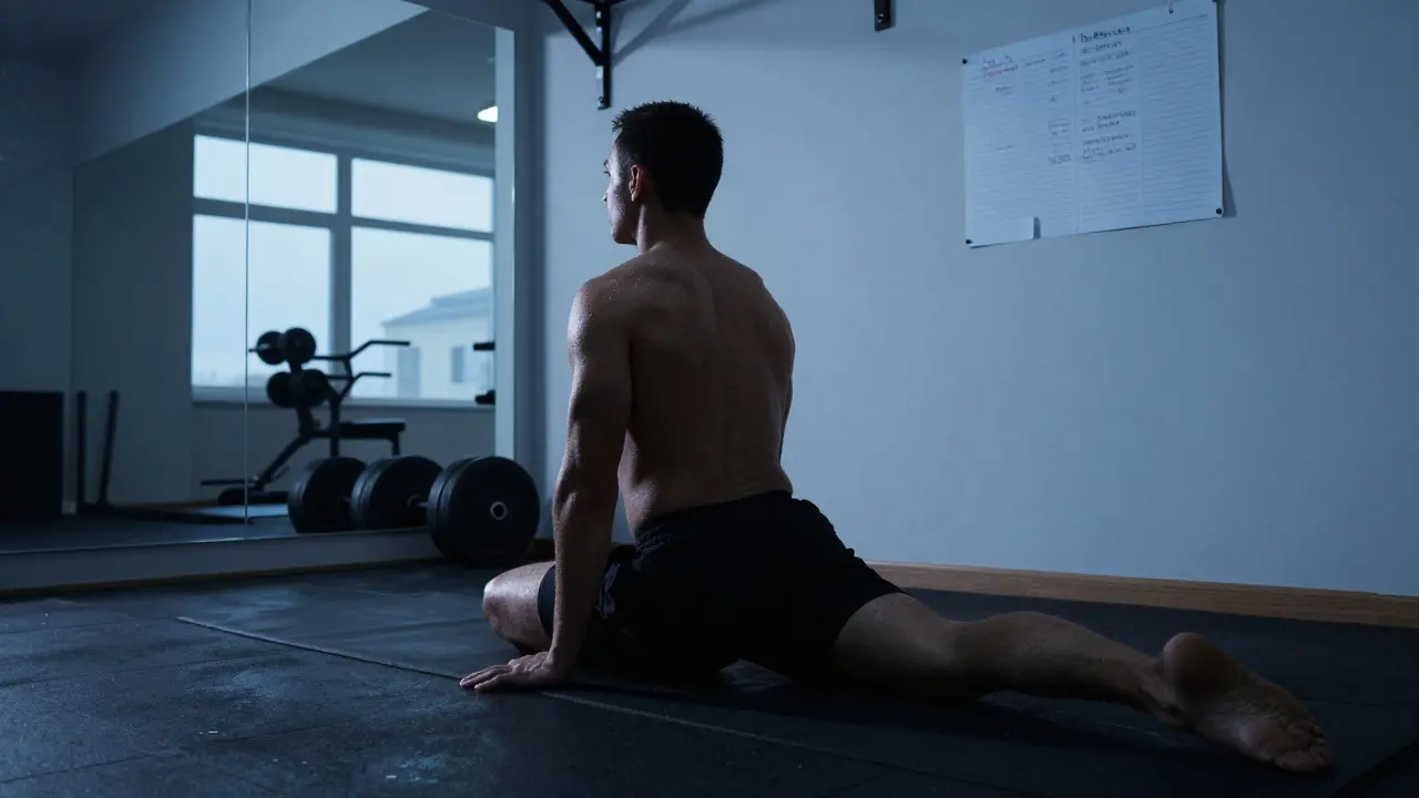 Силуэт спортсмена растягивается в пустом зале на рассвете — тишина, труд и самообладание.