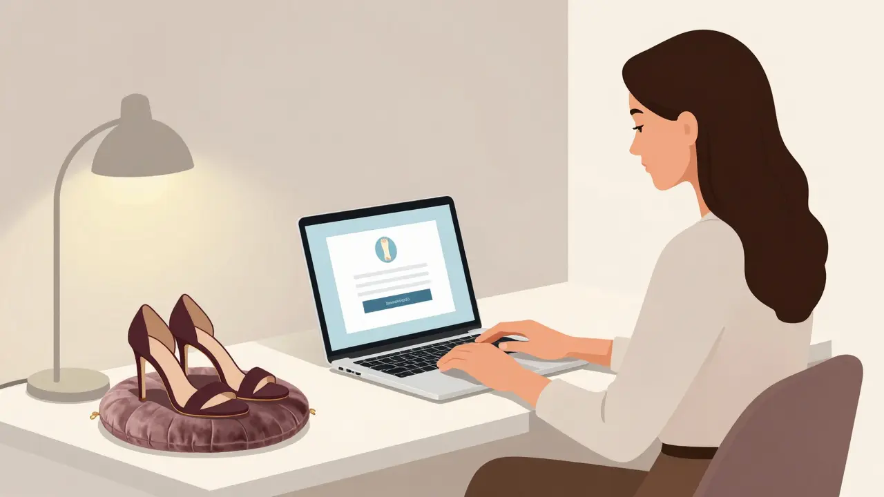 Современная женщина работает за ноутбуком, рядом — изящные туфли на каблуке, символ цифрового фетиш-сервиса.