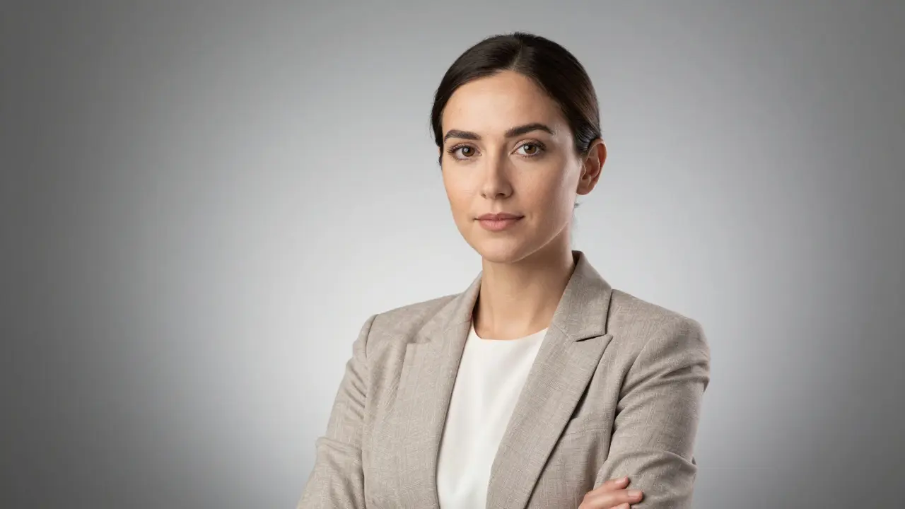 Студийный портрет уверенного специалиста в деловой одежде, нейтральный фон, взгляд в камеру.