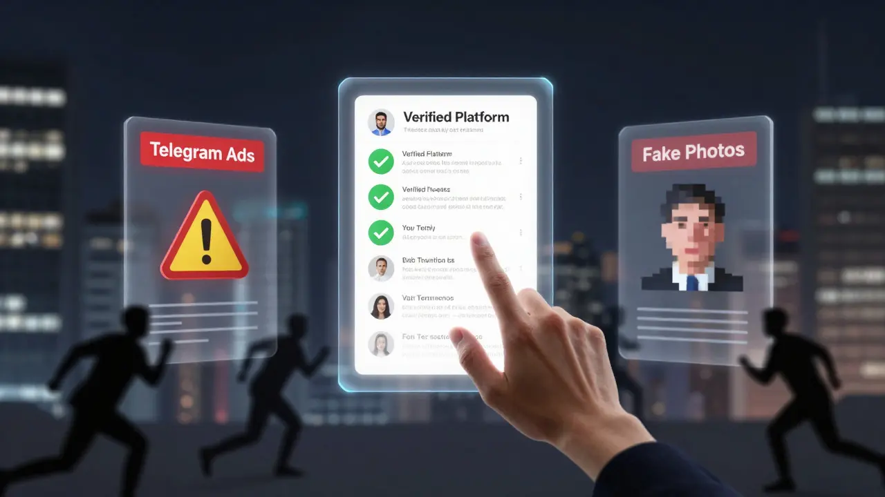 Три цифровых портала: один с предупреждениями, другой с проверкой, третий с фейковыми фото — рука выбирает безопасный вариант.