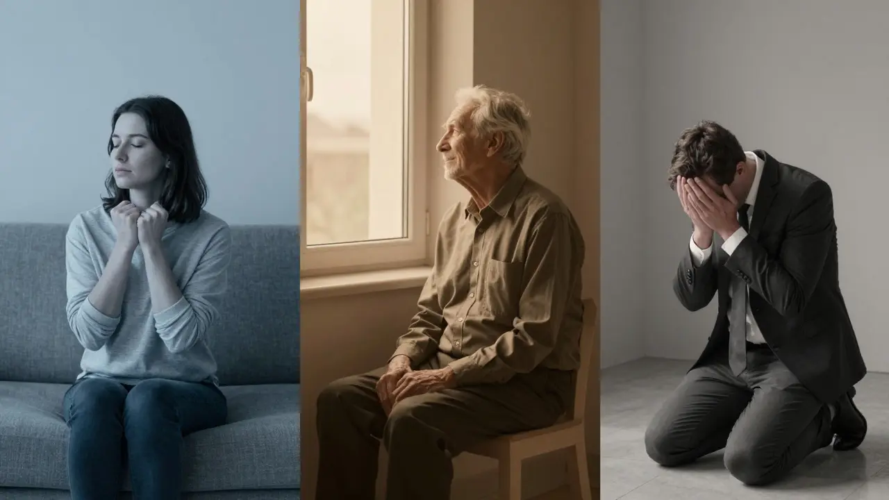 Трое разных людей в тишине: женщина, пожилой мужчина и мужчина в костюме — каждый в своем пространстве без контакта.