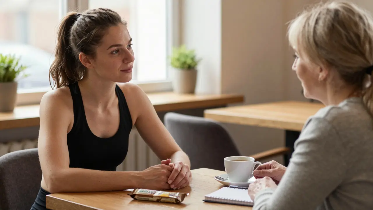 Женщина-атлет беседует с клиентом в кафе, её руки и осанка говорят о профессионализме и чистоте.