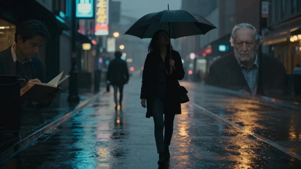 Женщина идет по мокрой улице под дождем, за ней — едва видимые воспоминания из ее работы.