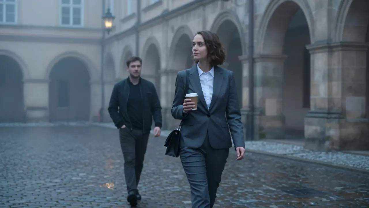 Женщина идет по утреннему двору в Праге, держа кофе, за ней — незаметный спутник.