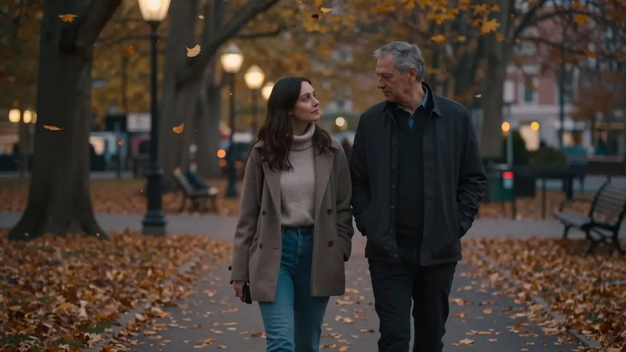 Женщина небольшого роста и мужчина прогуливаются в парке осенью, спокойно рядом, без прикосновений.