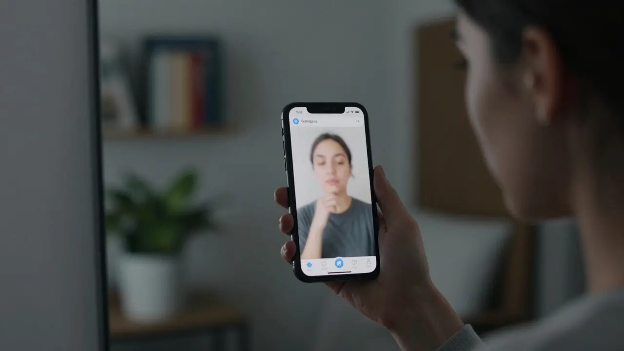 Женщина общается в Telegram, её лицо отражено в зеркале.