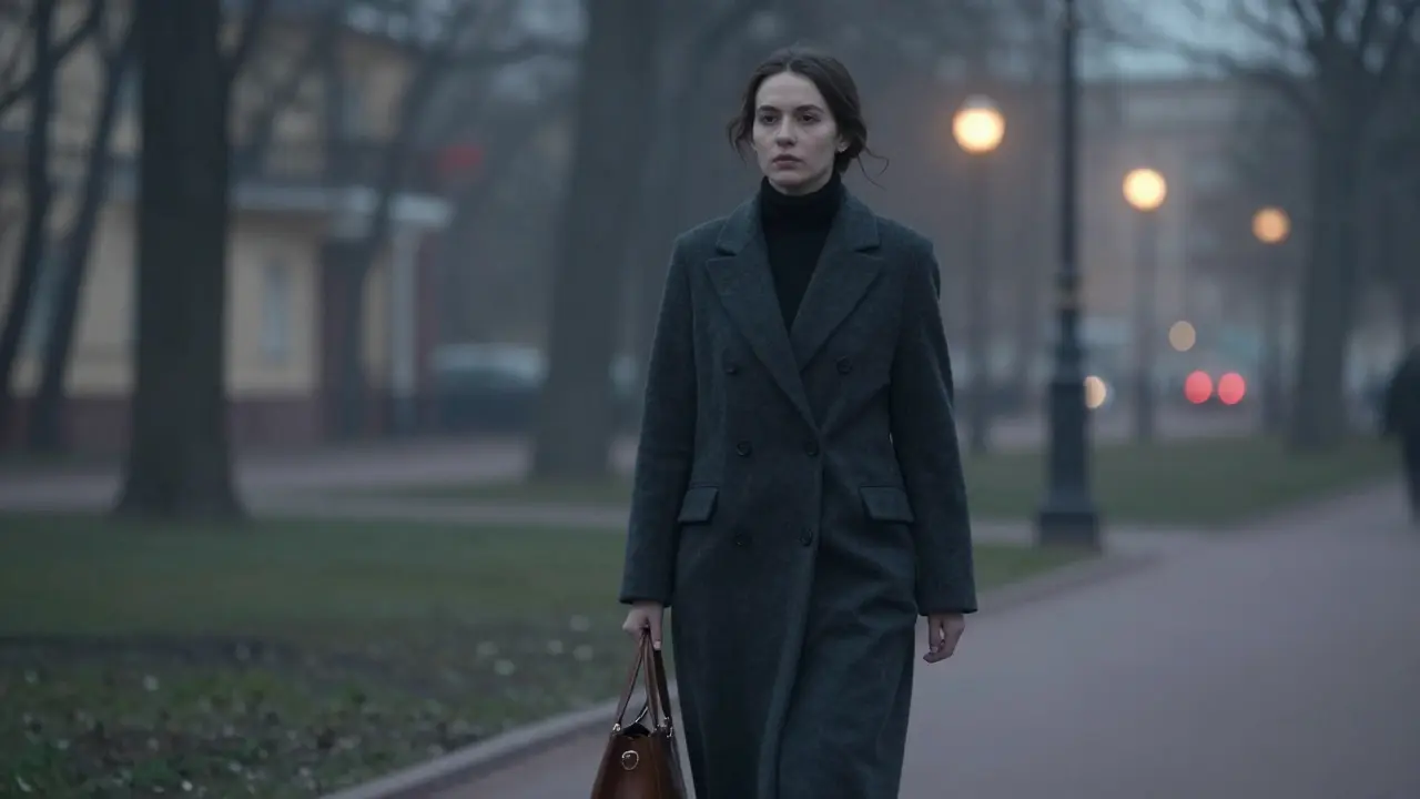 Женщина с тёмными волосами идёт по туманному парку вечером, её силуэт выделяется на фоне тусклого света фонарей.