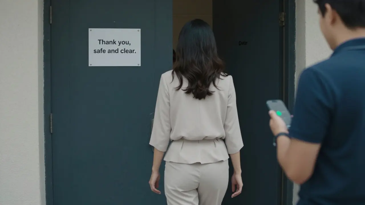 Женщина уходит, оставляя за собой чистую и безопасную ситуацию.