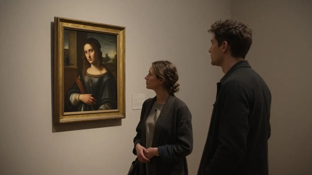 Женщина в галерее смотрит на картину рядом с мужчиной, оба погружены в тишину и искусство.