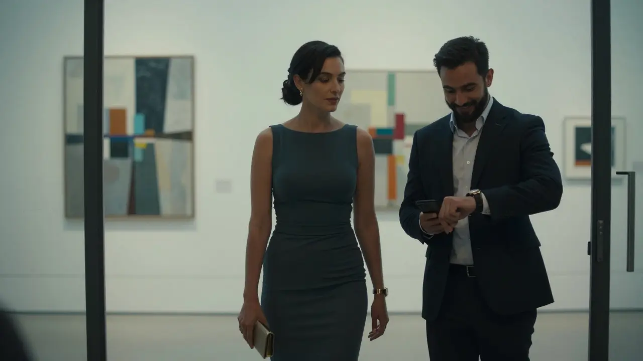 Женщина в вечернем платье стоит у входа в галерею, мужчина проверяет время.