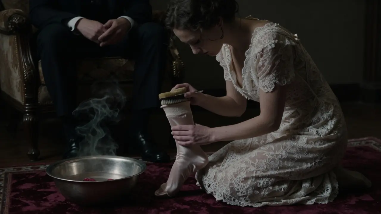 Женщина в викторианском платье полирует шелковый чулок в тихой комнате, наблюдаемая теневым мужчиной.