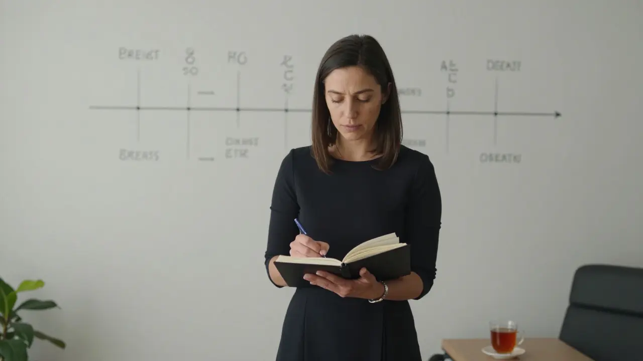 Женщина ведет дневник эмоций в тихой комнате терапевта, чашка чая рядом.