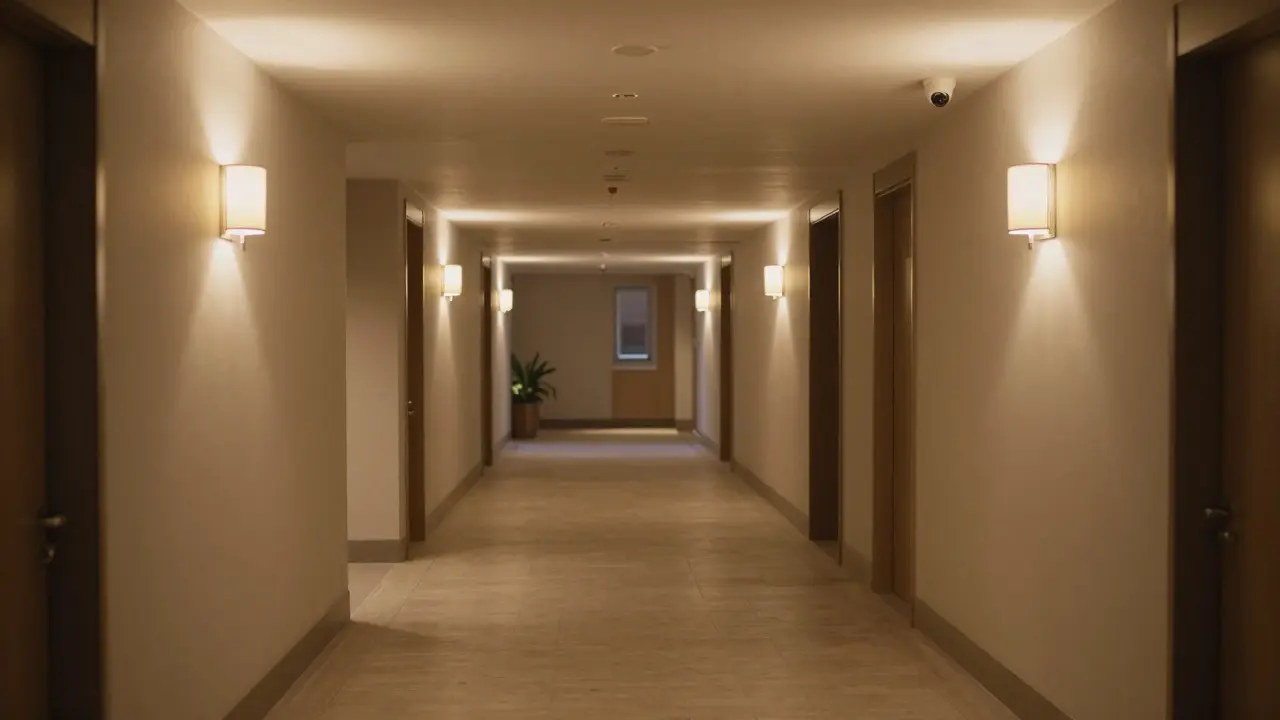 Hotel corridor with security features