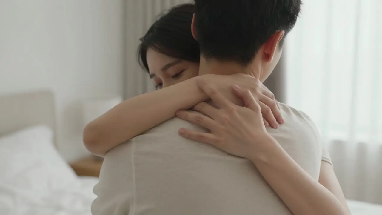 Нежные объятия пары в светлой комнате, символизирующие близость и доверие