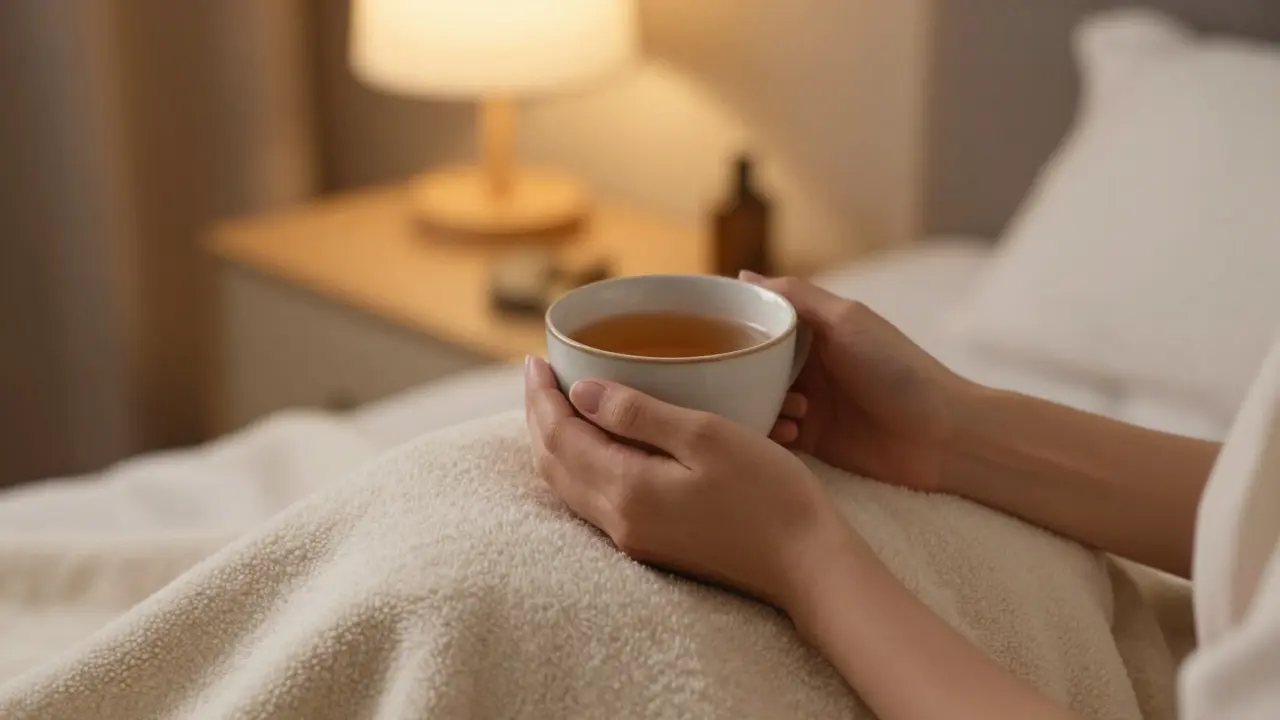 Спокойная обстановка после сессии с теплым чаем и мягким пледом для эмоционального восстановления